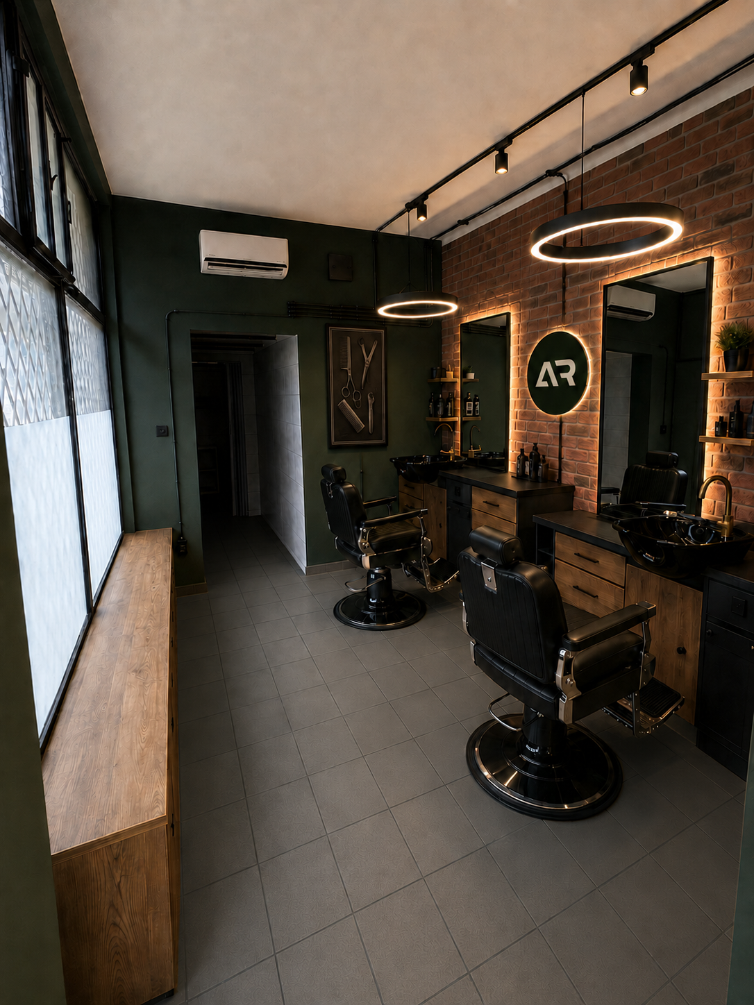 Projekt wnętrza salonu ANN.REAL ze stanowiskami na ceglanej ścianie